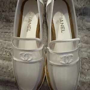 CHANEL Cream Loafers with Logo Detail